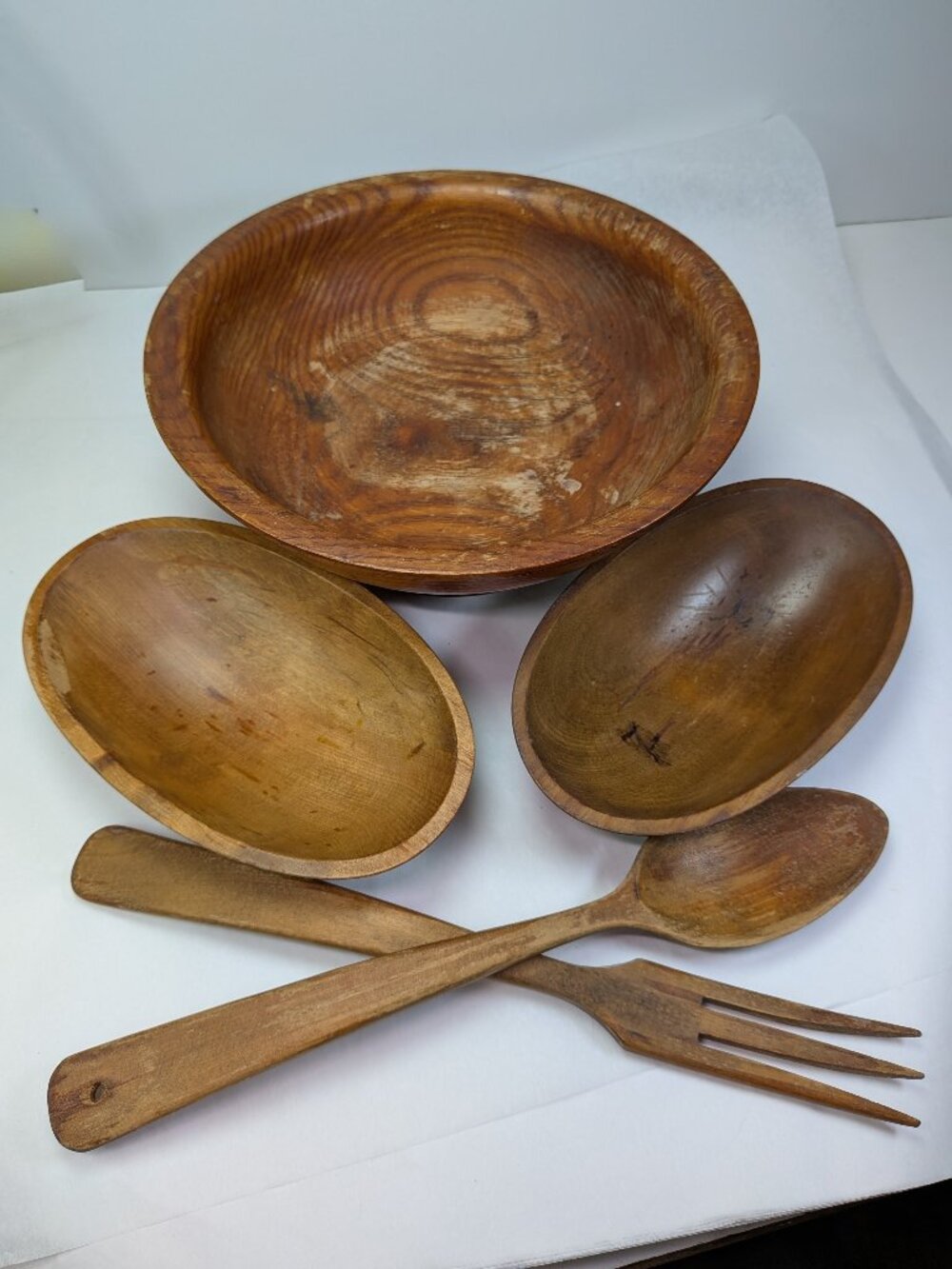 Vintage Rustic Wood Salad Set Pedestal Bowl & Nesting Ovals 5 pieces Farmhouse